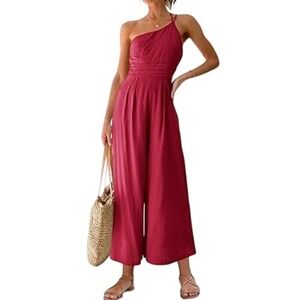 Anrabess Wide Leg Linen Blend Jumpsuit Womens M Red One Shoulder Boho Summer
